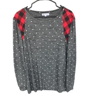 HB Hazel Blues Shirt Womens Plus Size 1X Heathered Black Buffalo Check Polka Dot